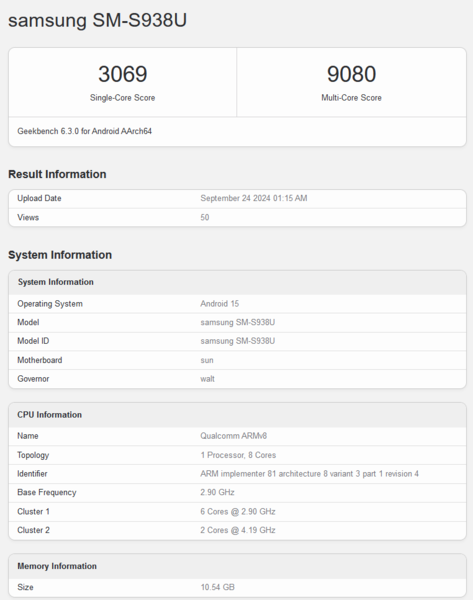 Qualcomm Snapdragon 8 Gen 4 para Galaxy (fuente de la imagen: Geekbench)