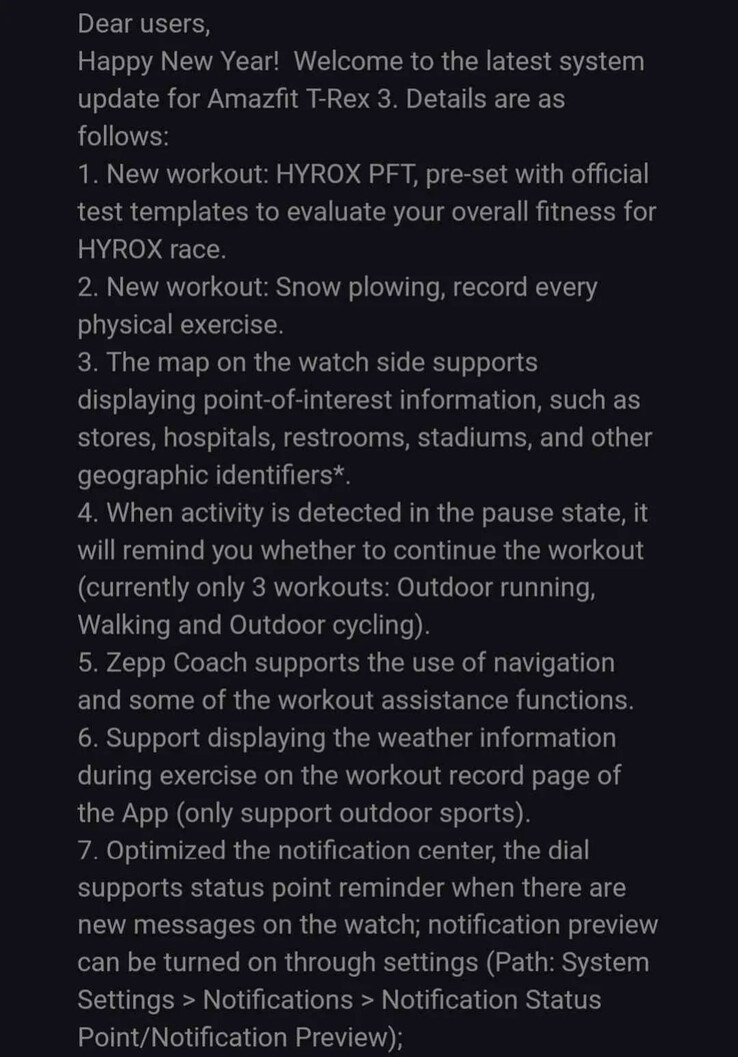 Las notas de la versión 3.4.4.7 del software Amazfit para el smartwatch T-Rex 3. (Fuente de la imagen: u/Ech0ke vía Reddit)