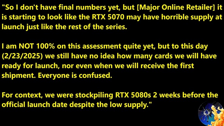 Información sobre el stock de lanzamiento de la RTX 5070. (Fuente de la imagen: Moore's Law Is Dead)