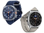 Galaxy Watch Ultra en azul titanio (arriba) y Galaxy Watch 8 Classic en negro con banda de color topo (editado).