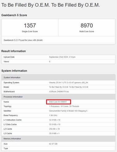 i9-10900T. (Fuente de la imagen: Geekbench)