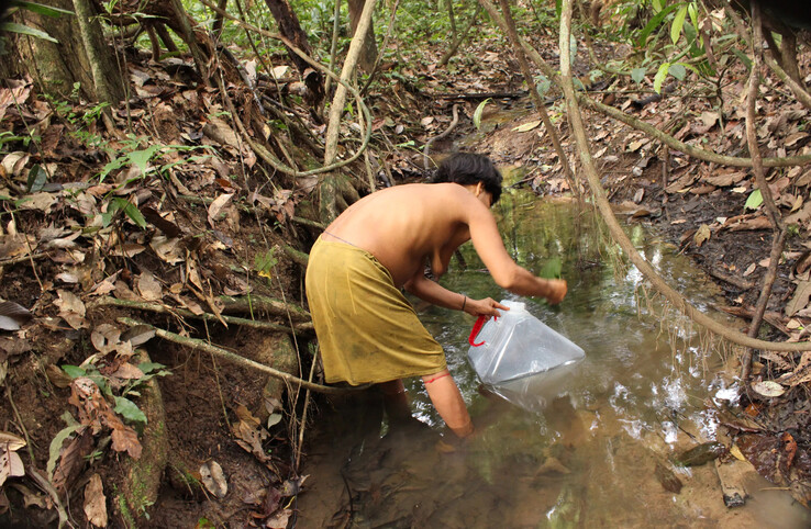 Mujer sacando agua de un río (imagen: Fundación Yanomami)