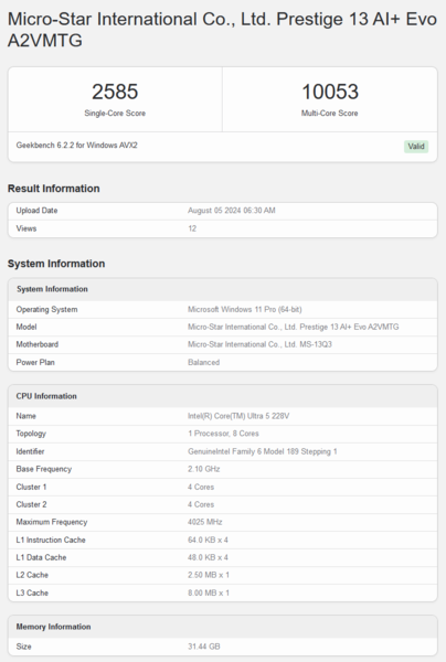 Puntuación de Core Ultra 6 228V en Geekbench (fuente de la imagen: Geekbench)