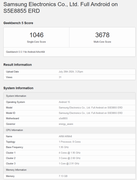 Puntuación del Exynos 1580 en Geekbench 5.5 (fuente de la imagen: Geekbench)