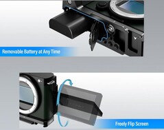 Las imágenes de marketing de Sirui confirman una pantalla totalmente articulada y puertas separadas para la batería y la SD. (Fuente de la imagen: Amazon)