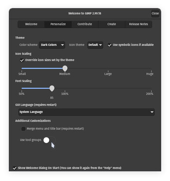 La nueva pantalla de bienvenida de GIMP presenta una gran cantidad de formas de hacer que el programa de manipulación de imágenes se adapte a sus preferencias. (Fuente de la imagen: Julian van der Merwe / Notebookcheck)