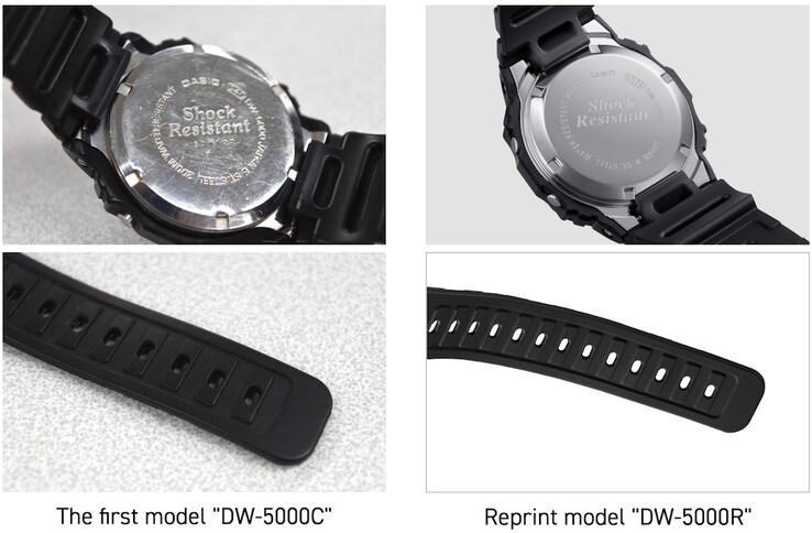 La forma y posición de los orificios de la correa y el acero inoxidable utilizado en el fondo de la caja del Casio DW-5000R G-Shock son idénticos a los del DW-5000C original. (Fuente de la imagen: Casio Japón)