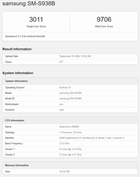 Snapdragon 8 Gen 4 para Galaxy nuevo listado de Geekbench (fuente de la imagen: Geekbench)