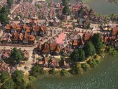 Una imagen que muestra edificios en Farthest Frontier, actualmente con un 50 % de descuento en Steam.