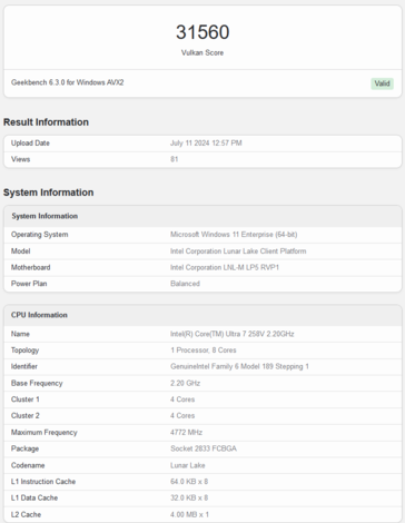 Puntuación Vulkan del Intel Arc 140V (imagen vía Geekbench)