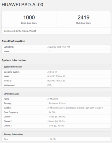 Puntuación en Geekbench del Kirin 8000 (fuente de la imagen: Geekbench)