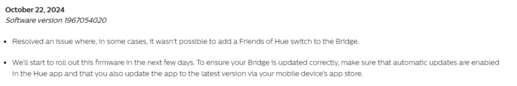 El registro de cambios de la versión del software Philips Hue Bridge 1967054020. (Fuente de la imagen: Philips Hue)