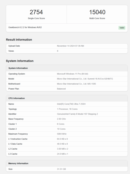 Rendimiento de Intel Core Ultra 7 255H en Geekbench (fuente de la imagen: Geekbench)