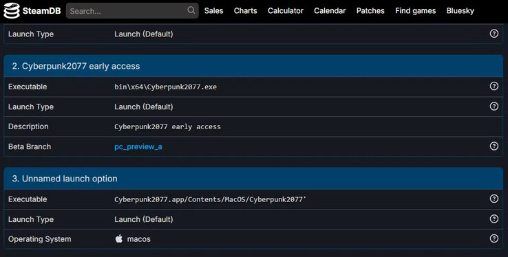 opción de lanzamiento en macOS (Fuente de la imagen: SteamDB)