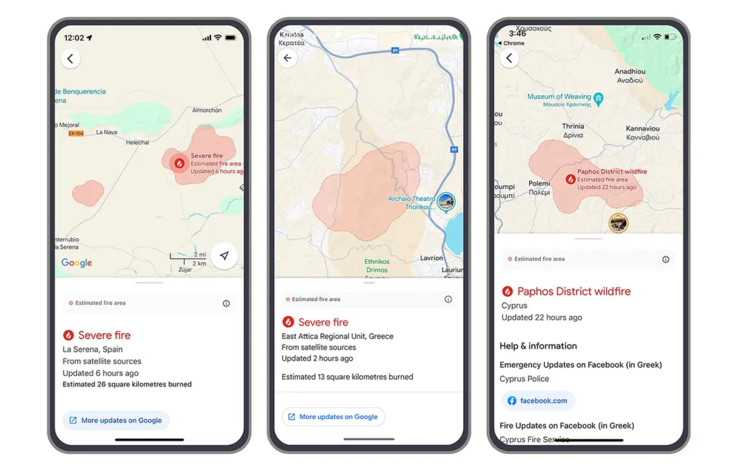 Google muestra los límites de los incendios forestales en la Búsqueda y en Mapas. (Fuente de la imagen: Blog de Google)