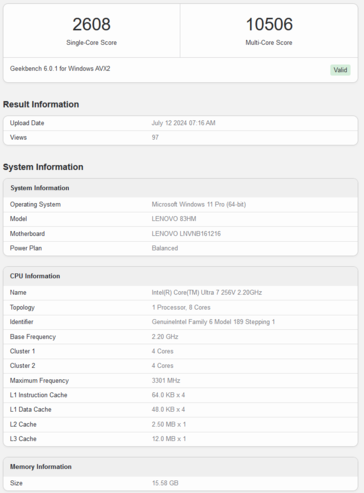 Puntuación de Intel Core Ultra 7 256V en Geekbench (imagen vía Geekbench)