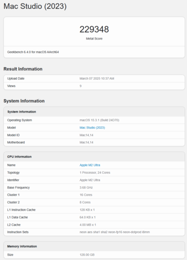 Apple M2 Ultra Puntuación Geekbench GPU Metal (imagen puntuación Geekbench)