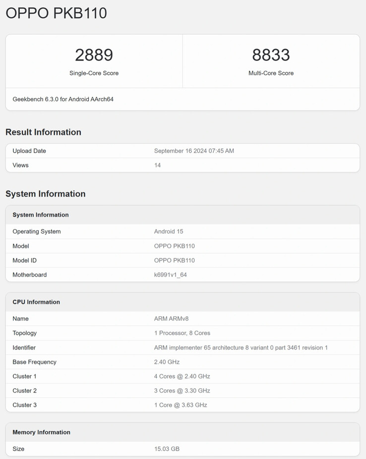 Supuesto punto de referencia de la CPU del Oppo Find X8 en Geekbench (Fuente de la imagen: IT Home)