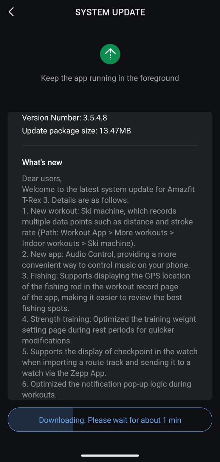 El registro de cambios de la actualización de la versión 3.5.4.8 del Amazfit T-Rex 3. (Fuente de la imagen: u/Ech0ke vía Reddit)