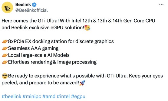 El próximo GTi Ultra de Beelink contará con los procesadores Intel de 12ª, 13ª y 14ª generación. (Fuente: Beelink en Twitter)