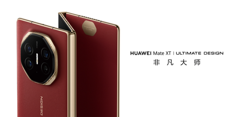 El Huawei Mate XT tiene un aspecto premium, con bordes dorados adornando los bordes del dispositivo tríptico. (Fuente de la imagen: Huawei)