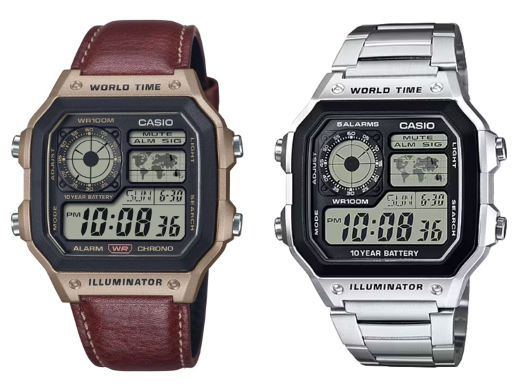 El Casio AE-1200WHL-5AV con correa de piel (izquierda) y el AE-1200WHD-1AV con brazalete metálico (derecha). (Fuente de la imagen: Casio)