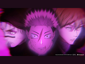 Secuencia de apertura de la tercera temporada de Jujutsu Kaisen con Yuji Itadori flanqueado por personajes clave, mostrada en un estilizado visual teñido de púrpura. (Fuente de la imagen: Mappa, Crunchyroll)