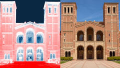 Una imagen infrarroja térmica del Royce Hall de la UCLA. La transición de color blanco a rojo pálido muestra el calor que absorbe el suelo (rojo). El exceso de calor irradia hacia el cielo frío, representado con azul. (Fuente de la imagen: Raman Lab/UCLA)