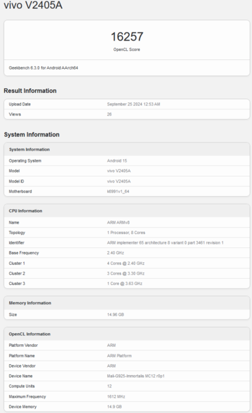 Rendimiento OpenCL del Arm Immortalis-G925 MP12 en Geekbench (fuente de la imagen: Geekbench)