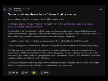 Infected Steam demo Reddit post (Fuente de la imagen: captura de pantalla, PC Gaming subreddit)