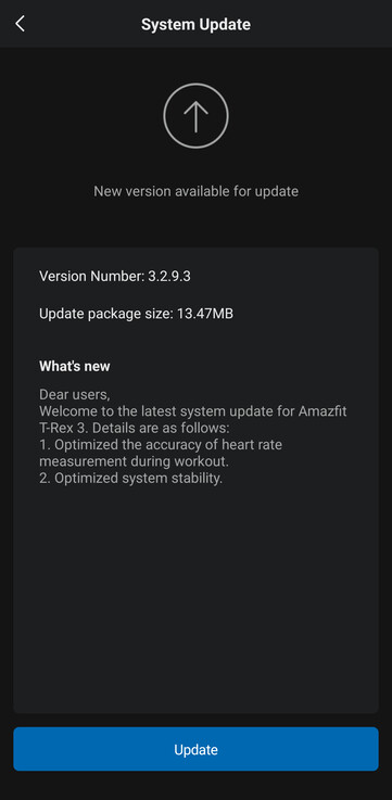 El registro de cambios de la versión 3.2.9.3 del firmware para el Amazfit T-Rex 3. (Fuente de la imagen: u/Ech0ke vía Reddit)