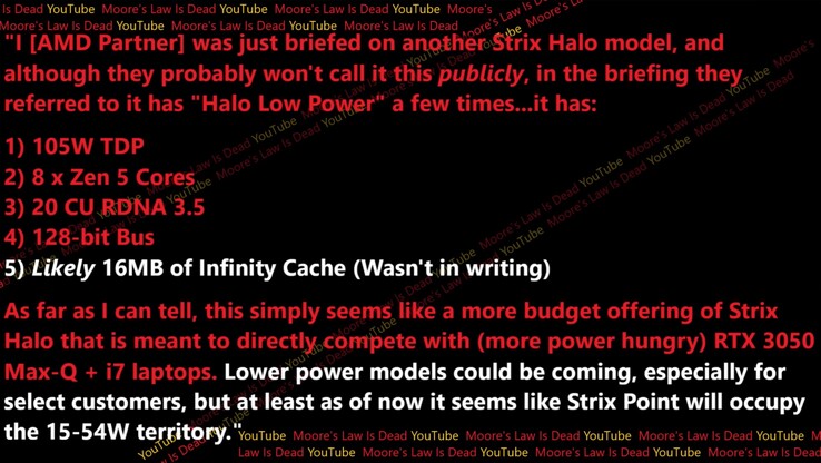 Filtración de especificaciones y rendimiento del Strix Halo LP. (Fuente de la imagen: Moore's Law Is Dead)