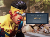 Una captura de pantalla del juego con la calificación "Mixta" de Steam superpuesta.