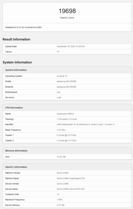 Rendimiento OpenCL del Adreno 830 en Geekbench (fuente de la imagen: Geekbench)