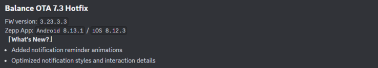 Las notas de la versión para el Amazfit Balance OTA 7.3 Hotfix. (Fuente de la imagen: Zepp Health vía Discord)