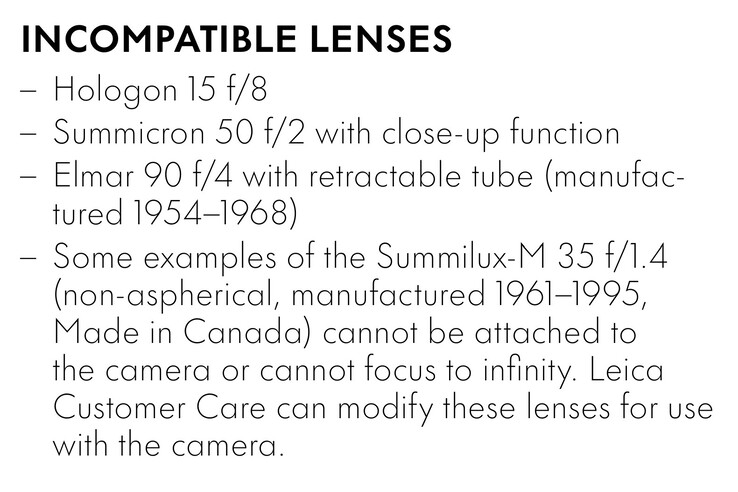 La Leica M11-D es compatible con casi todos los objetivos Leica M fabricados desde 1954, a excepción de estos objetivos. (Fuente de la imagen: Leica)