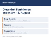 Imagen en la que se enumeran las tres funciones de Copilot: «Deep Research», «Podcasts» y «chats grupales», que finalizarán el 18 de agosto de 2026