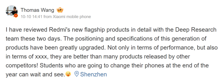 Wang Teng habla sobre la serie Redmi K80 (Fuente de la imagen: Weibo - machine translated)