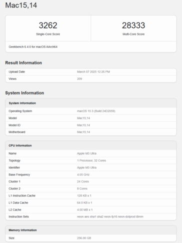 Apple M3 Ultra Puntuación Geekbench CPU (imagen puntuación Geekbench)