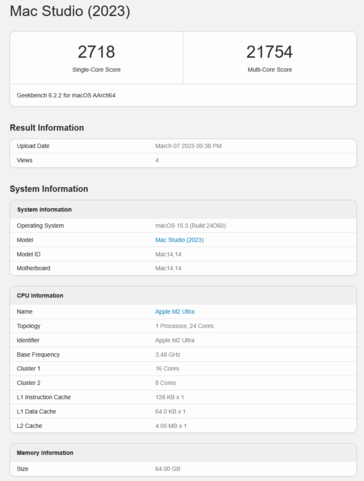 Apple M2 Ultra Puntuación Geekbench CPU (imagen puntuación Geekbench)