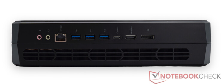 Trasera: Entrada de micrófono, salida de línea, RJ45 2,5G, 3 puertos USB 3.2 Gen2 Tipo-A, USB 3.2 Gen2 Tipo-C (Alt Data y DP), HDMI 2.1, DisplayPort 2.0