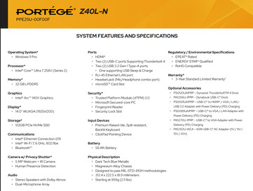 Especificaciones completas de la variante Core Ultra 7 (Fuente de la imagen: Dynabook)