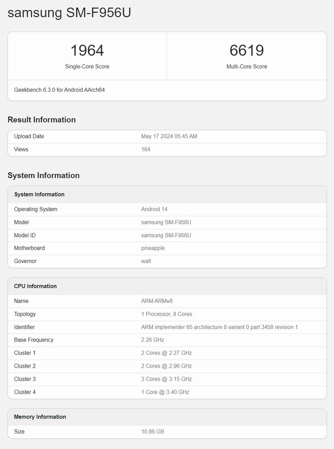 Un modelo estadounidense del Samsung Galaxy Z Fold6 con Snapdragon 8 Gen 3 ha aparecido en Geekbench.