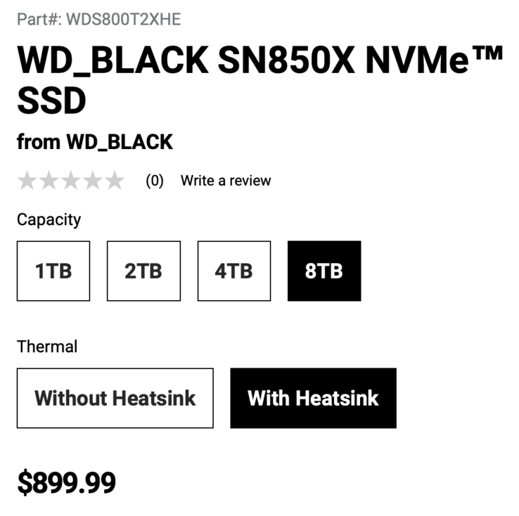 La variante SN850X de 8 TB con disipador térmico le costará 899 dólares (Fuente: WD)