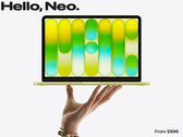 El MacBook Neo tiene ahora un precio inicial de 699 dólares. En la imagen: una fotografía promocional en la que se muestra la parte frontal del portátil (retocada).