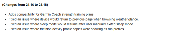 El registro de cambios de la versión beta 21.18 para los relojes Forerunner 255 y Forerunner 955. (Fuente de la imagen: Garmin)