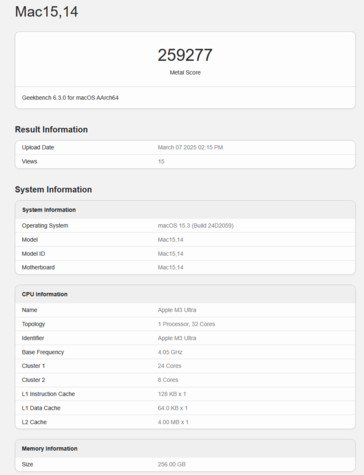 Apple M3 Ultra Puntuación Geekbench GPU Metal (imagen puntuación Geekbench)