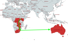 La ruta propuesta para el nuevo cable submarino de fibra óptica de Google atraviesa el sur de África y el océano Índico. (Imagen vía MapChart con ediciones)