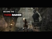 Juego de Tomb Raider ejecutado en iPhone o iPad que muestra a Lara Croft explorando las ruinas del templo con los controles táctiles visibles en pantalla