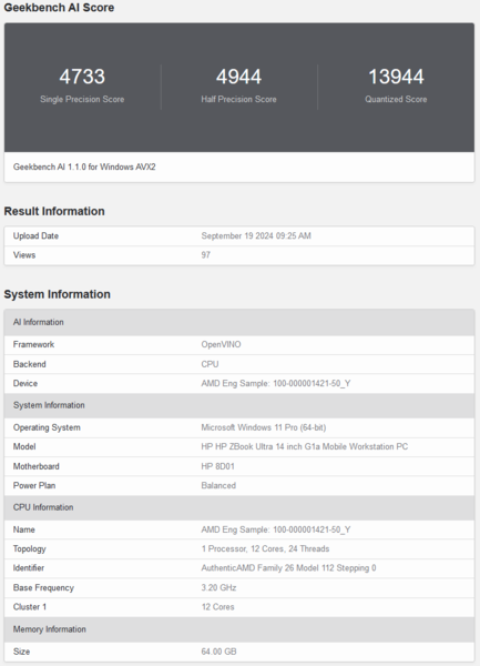 Puntuación de AMD Ryzen AI Max 390 en Geekbench AI (fuente de la imagen: Geekbench)